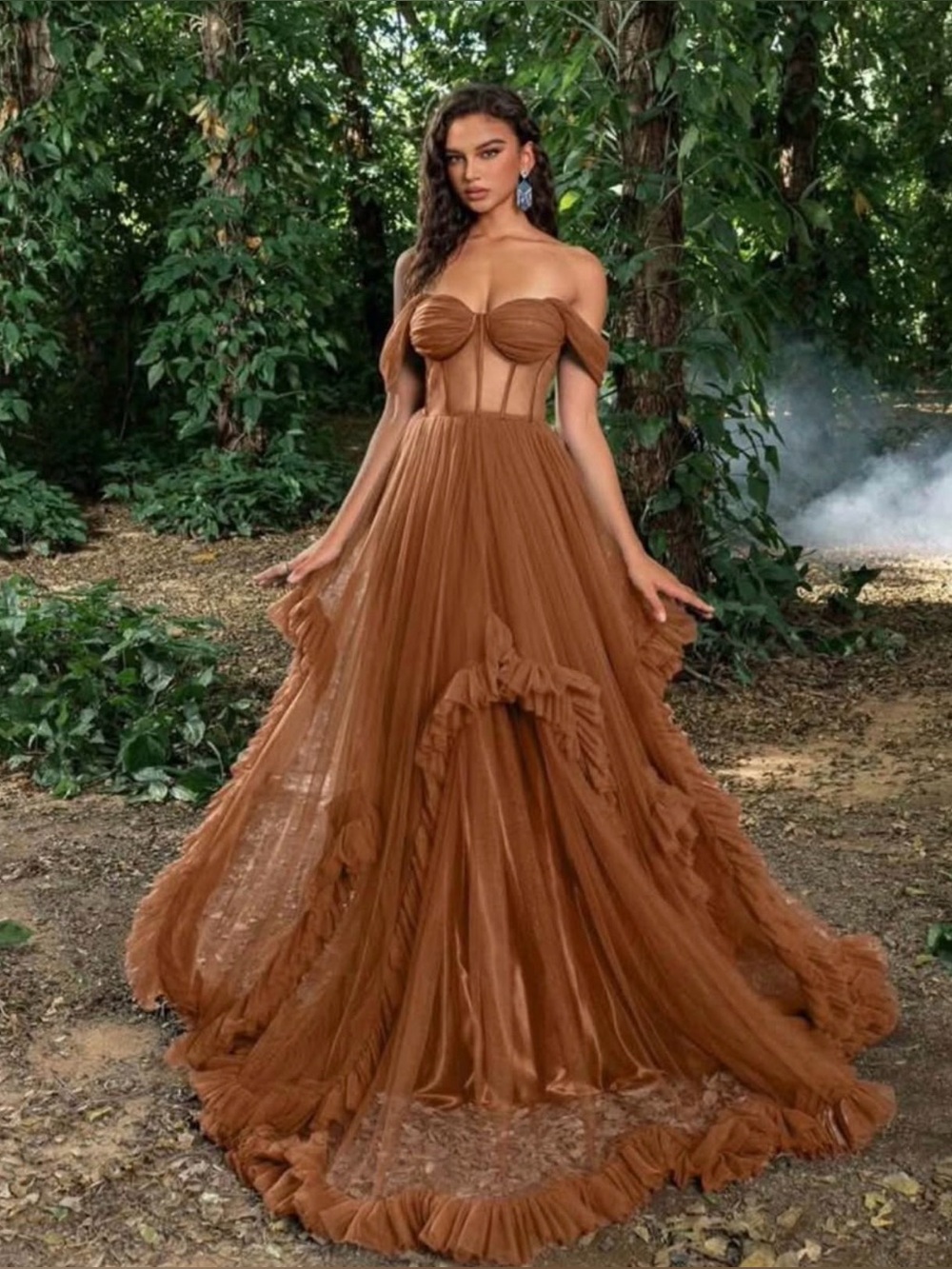 Strapless Brown Tulle Ball Gown Dress - Picture 4 of 4